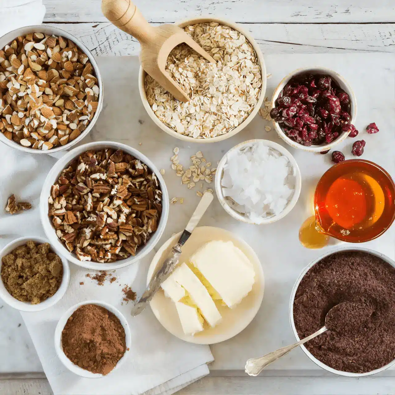 Artistically arranged fresh baking ingredients on a marble benchtop