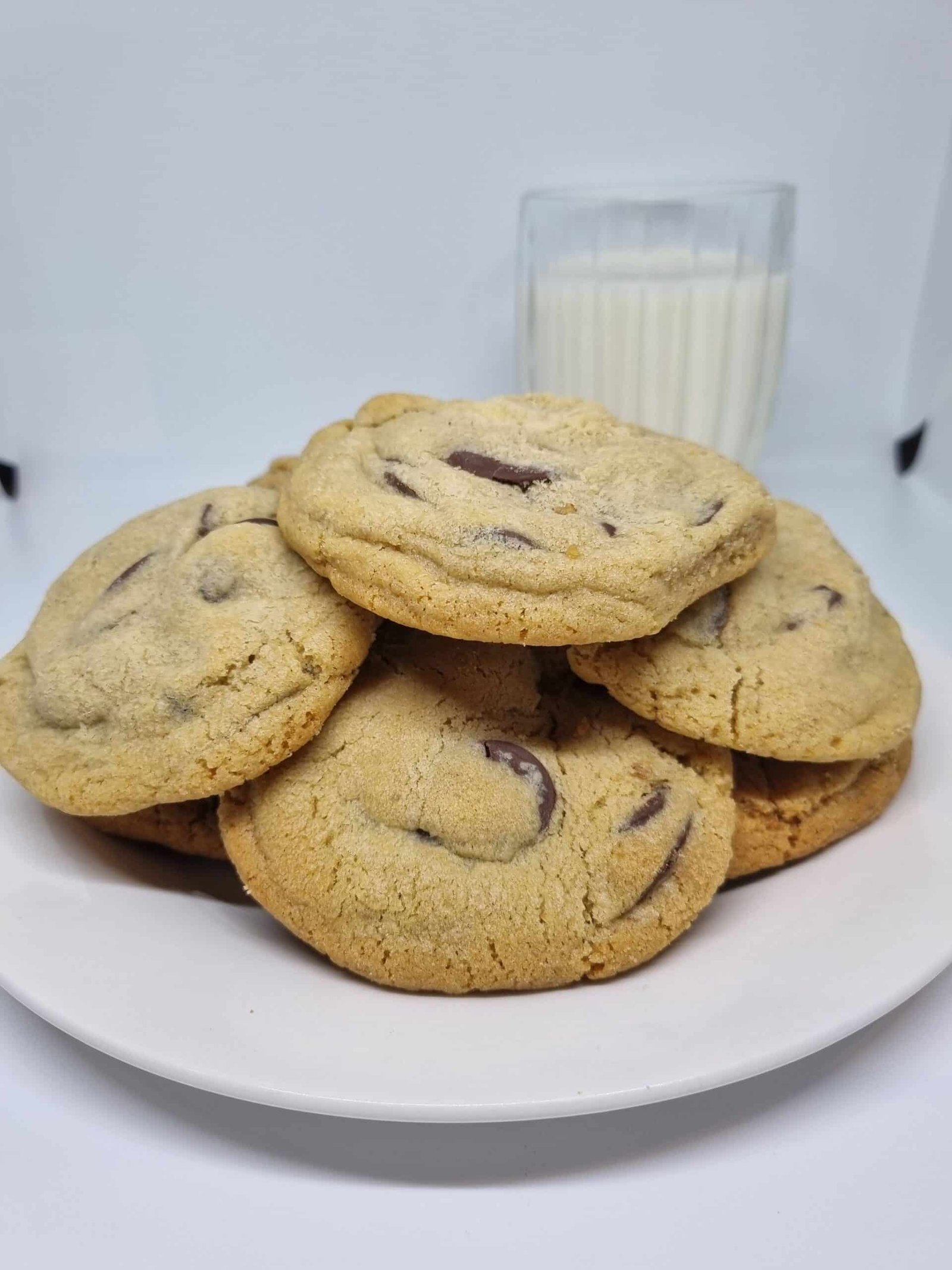 Chocolate chip cookies served on a white plate with a glass of milk